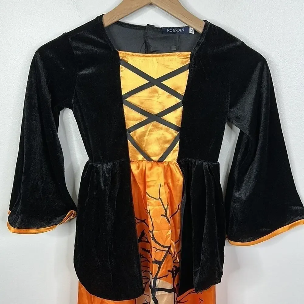 Kojoin Girls Youth Medium Witch Halloween Costume Black Orange Hat 3-Pc NWOT